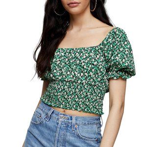 TOPSHOP Floral Puff Sleeve Crop Top green size 10